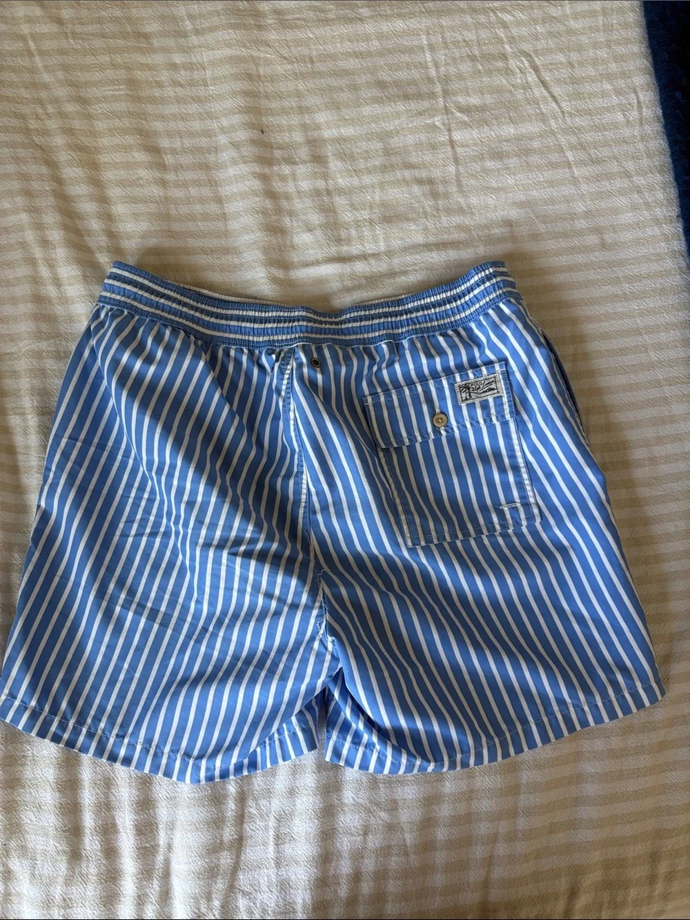 Polo by Ralph Lauren Blue & White Vertical Stripe Swim Trunks